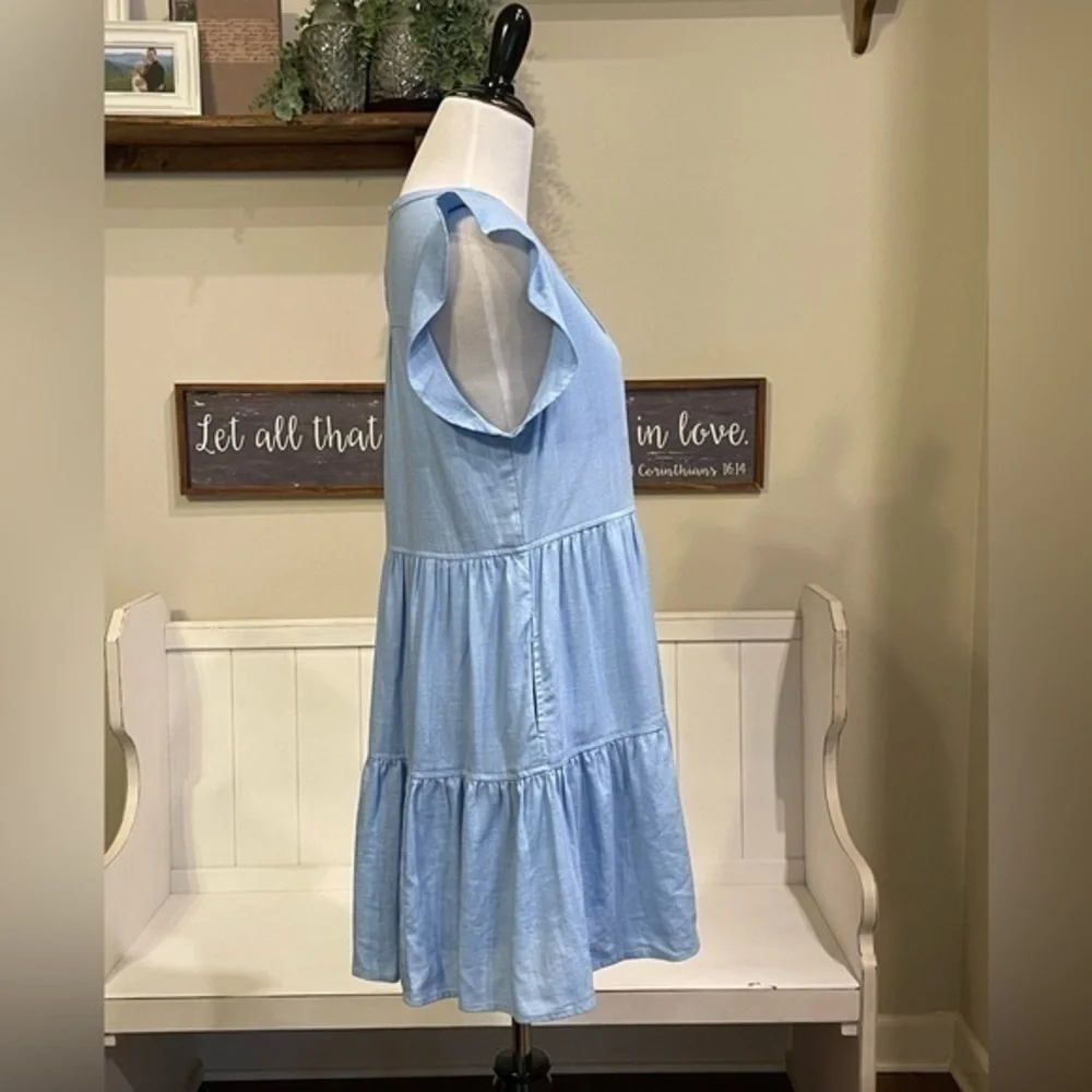 New In Light Blue Tiered Flutter Sleeve Mini Dress Small Pleated Neckline Pocket